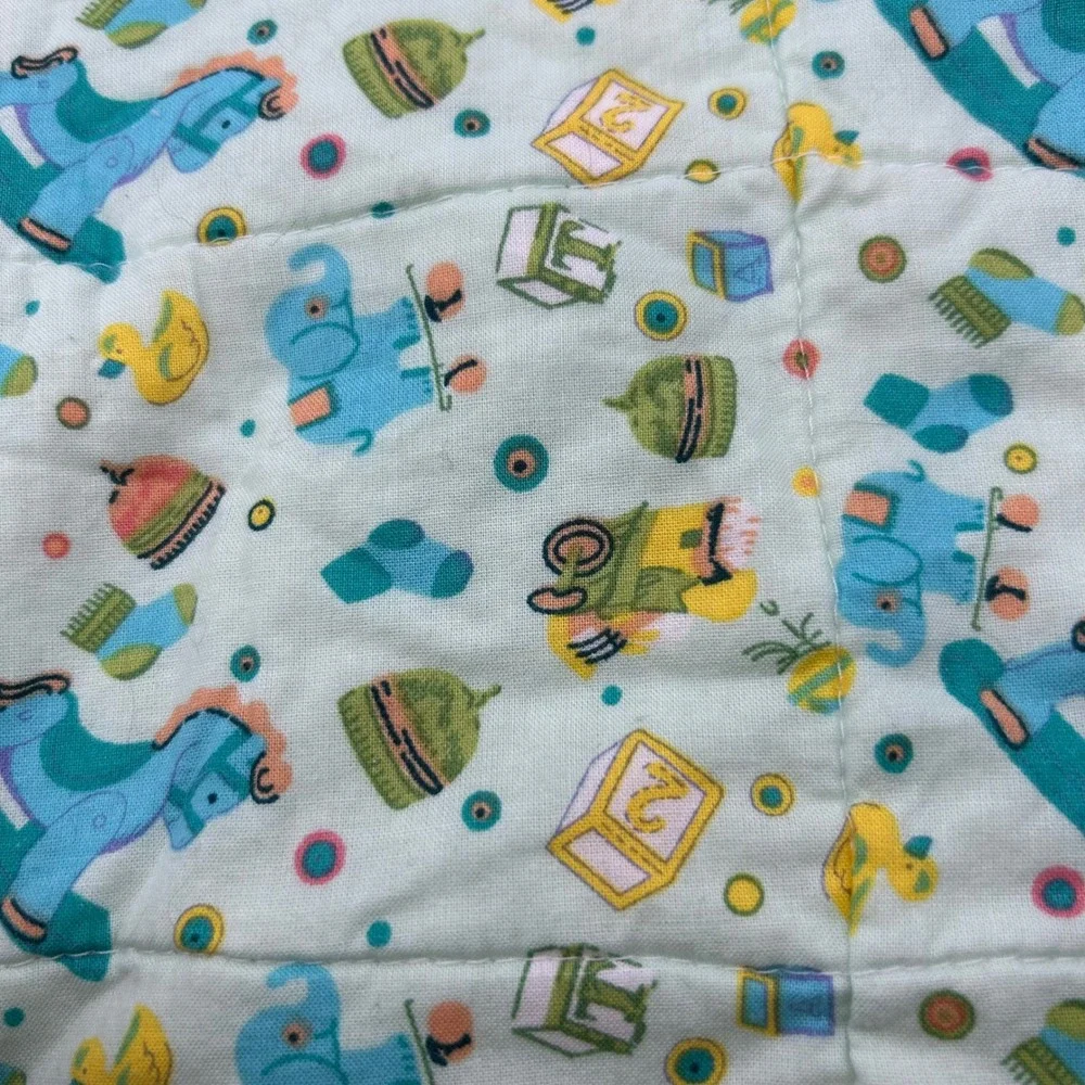 Vintage Baby Quilt Rocking Horse Elephant Nursery Print Blue Satin  Trim 36
